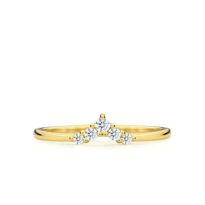 Bague or jaune 18Kt avec diamants ronds sur griffes en forme de V