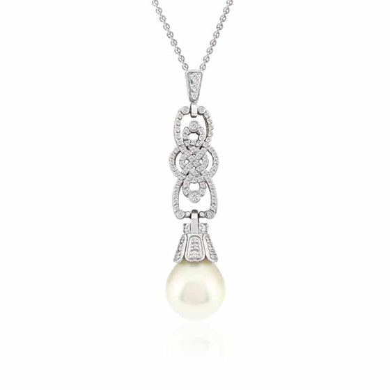 Pendentif Clair de Lune or blanc avec diamants et perle blanche STP1180