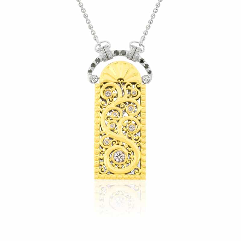 Pendentif Éventail or jaune avec diamants blancs et noirs STN1040