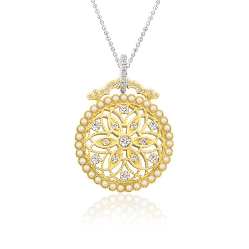 Pendentif Grande Rosette diamants et grains de perle STP1030