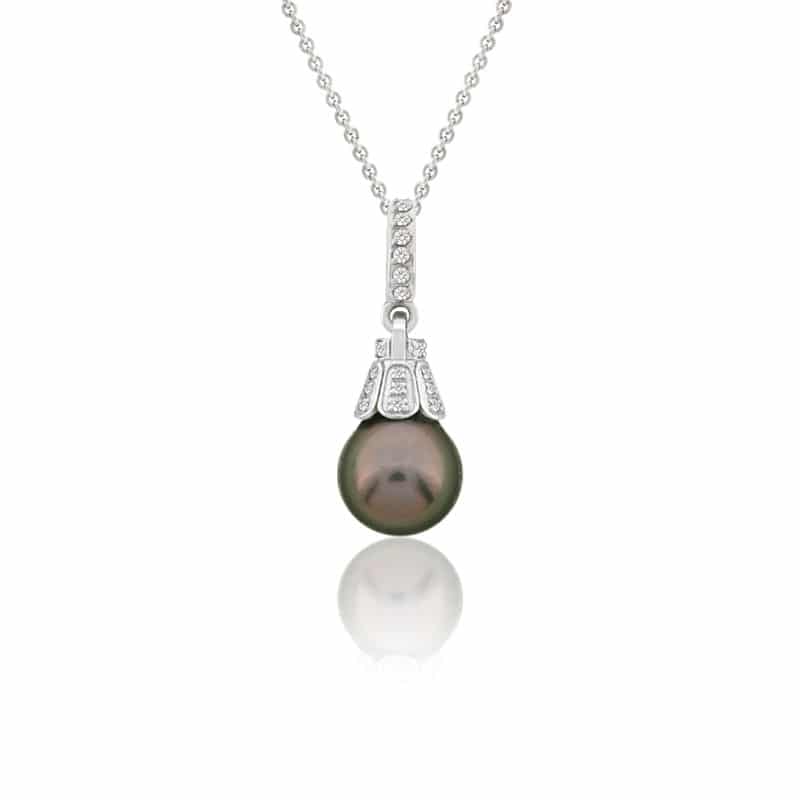 Pendentif Perla or blanc avec diamants et perle noire STP1200